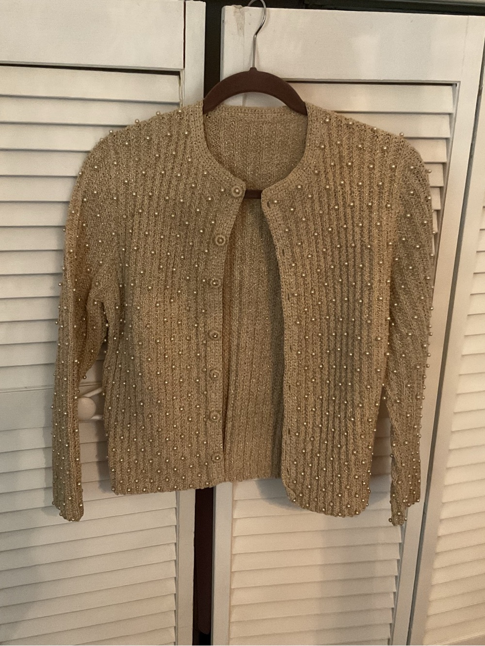Vintage Tan with Gold Metallic Accents Ribbed Pearl Crewneck Cardigan